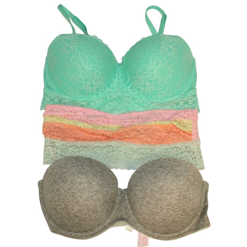 PINK Victoria Secret Lace Green Bralette, Bandeau Multi, Underwire Push Up Gray